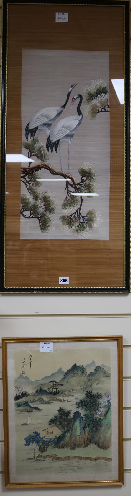 A Chinese watercolour, 40 x 30cm and a silkwork of cranes, 90 x 37cm